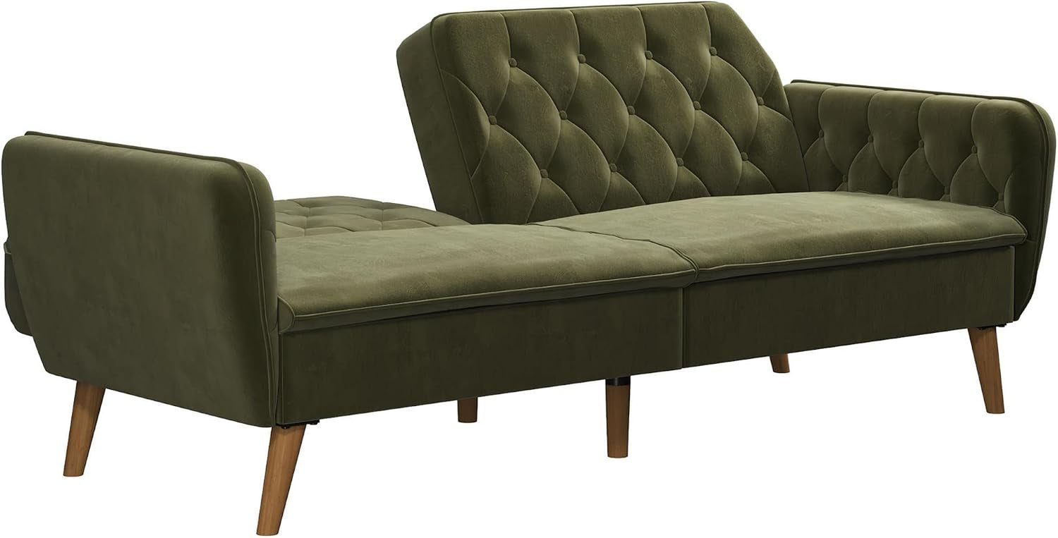 Green tufted backrest partially raised showing convertible mechanism