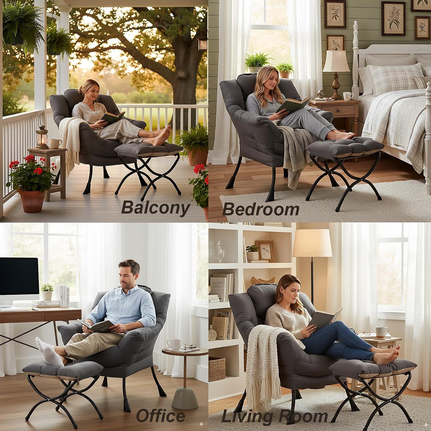 Four-scene collage showing the chair and ottoman used on a balcony, in a bedroom, an office and a living room.