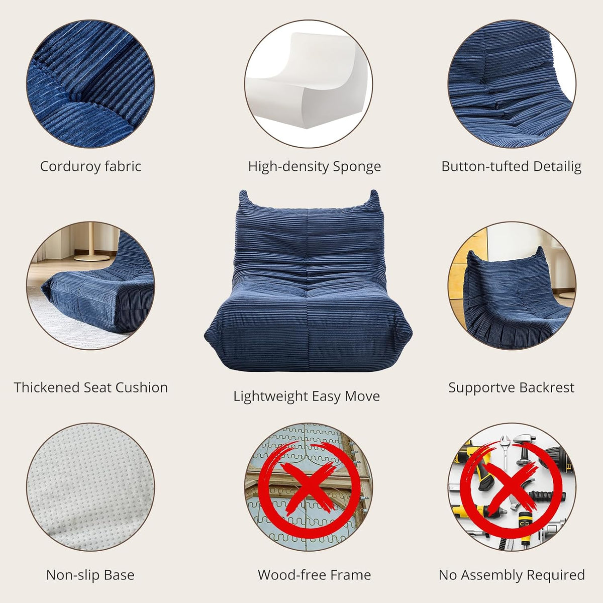 Front-facing blue ribbed lounge chair surrounded by circular callouts showing fabric, non-slip base and no-assembly icons.