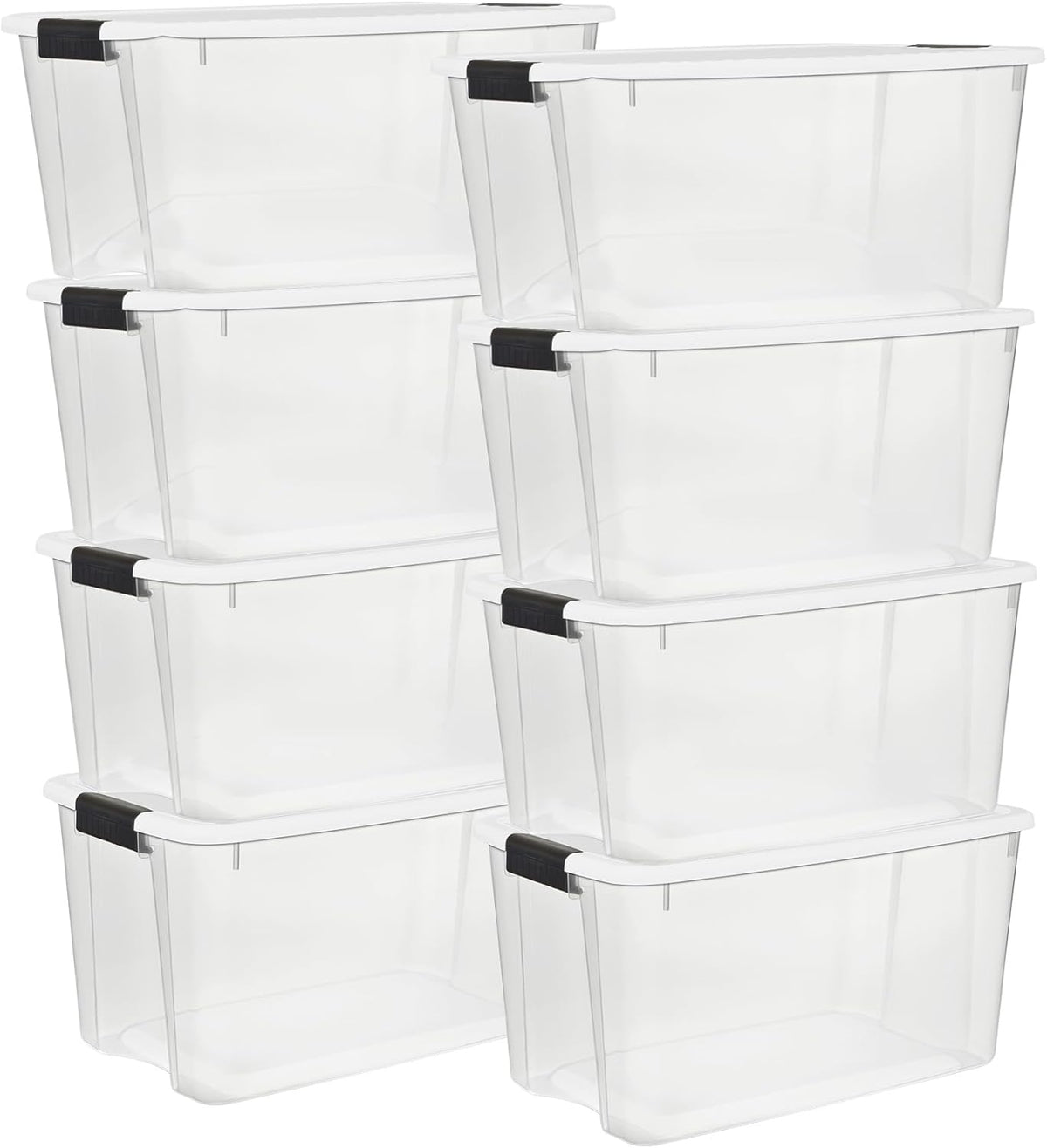 Cropped close-up of two vertical stacks of clear storage containers with white lids and black latches.