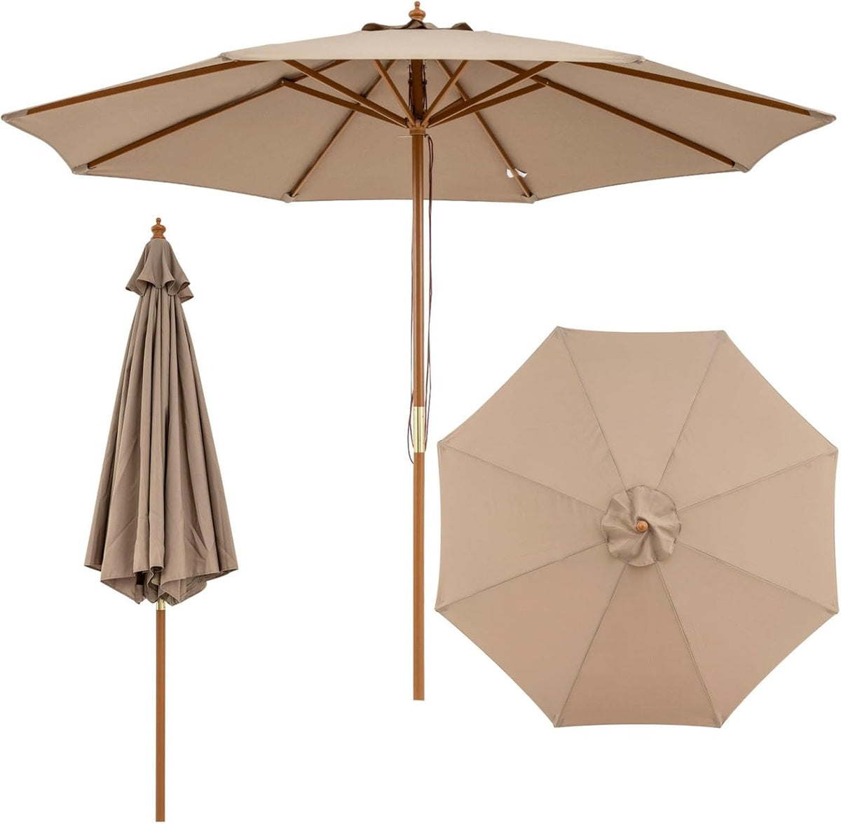 Beige umbrella shown open from below, folded closed at left and top-down inset at right