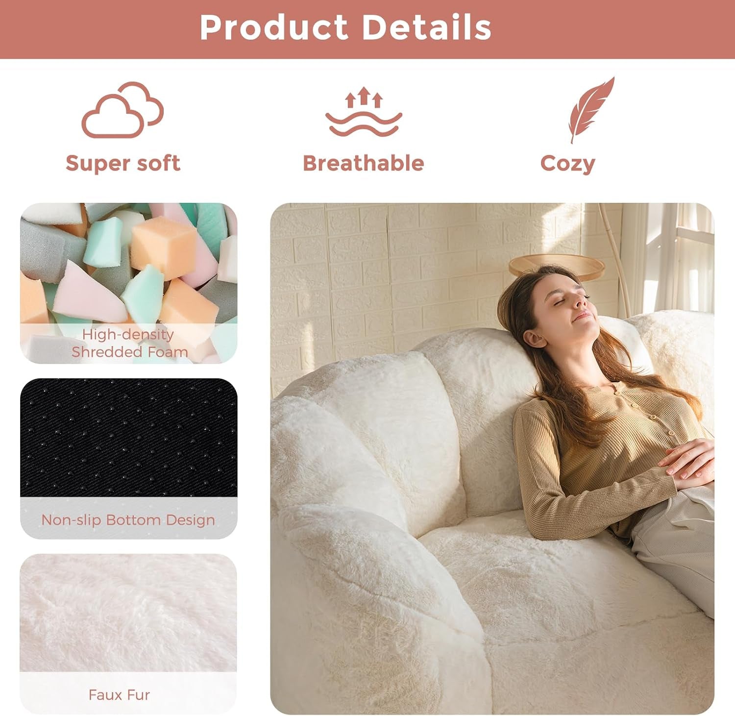 Three inset detail photos showing shredded foam, non-slip bottom, and faux fur beside a lounging model.