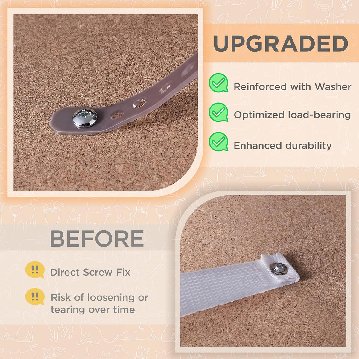 Close-up comparison of an upgraded strap end reinforced with a washer next to a plain strap end.
