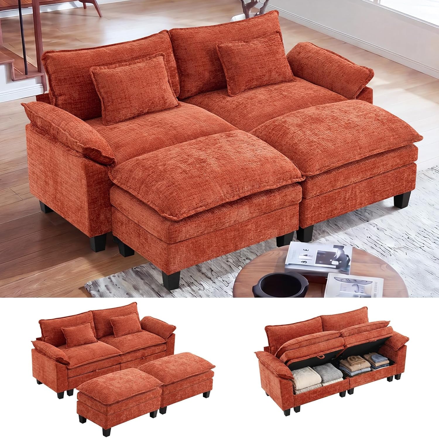 Rust-orange modular sectional with two ottomans in a bright living room; two small insets show ottomans and the sofa opened