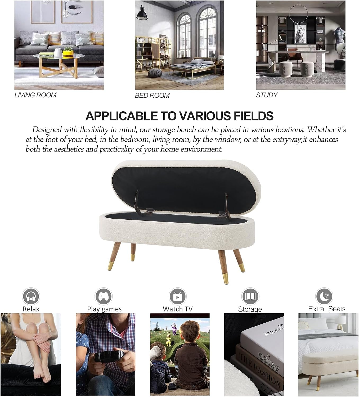 Collage showing the bench open for storage with small room scenes above and activity icons below.