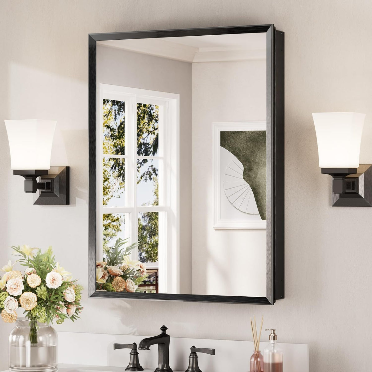 Rectangular wall cabinet with a black frame and single mirrored door above a sink, flanked by wall sconces