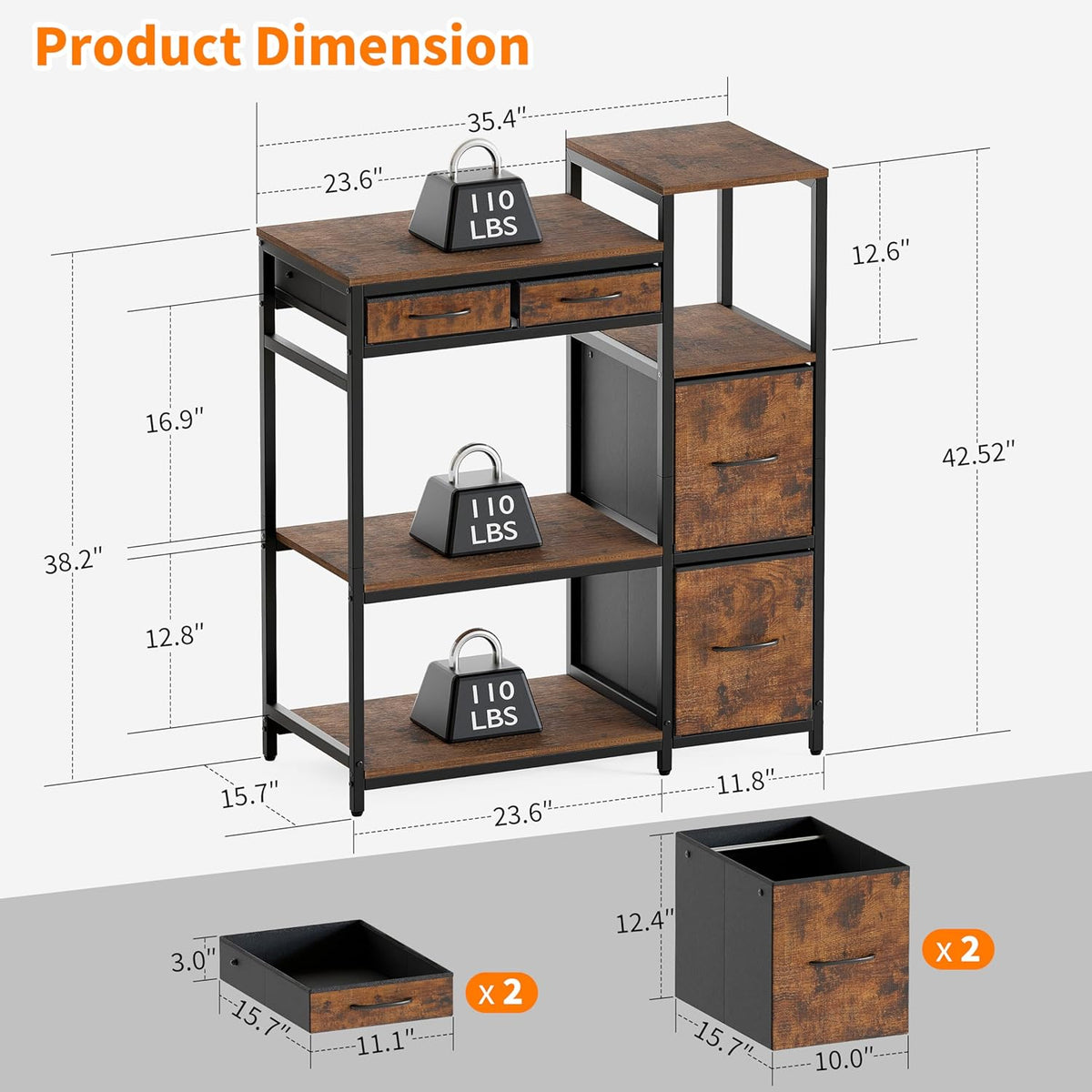 Illustrated product diagram of the printer stand with labeled dimensions and weight capacity annotations, front perspective.