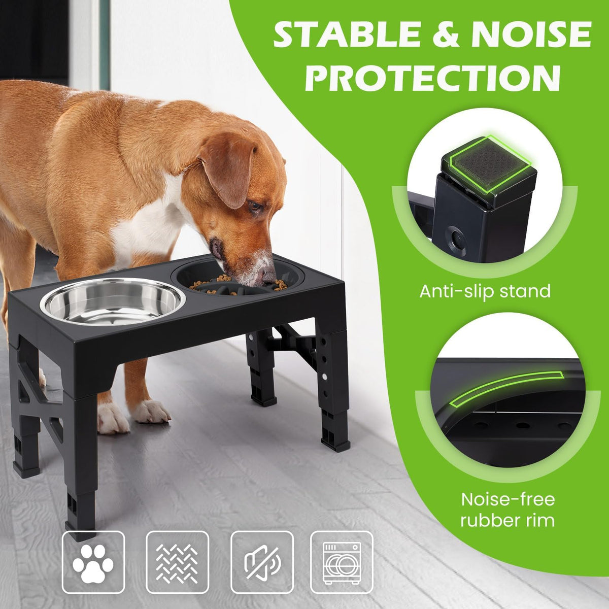 Black elevated stand in use with a dog eating and a close-up of an anti-slip rubber foot on the stand leg