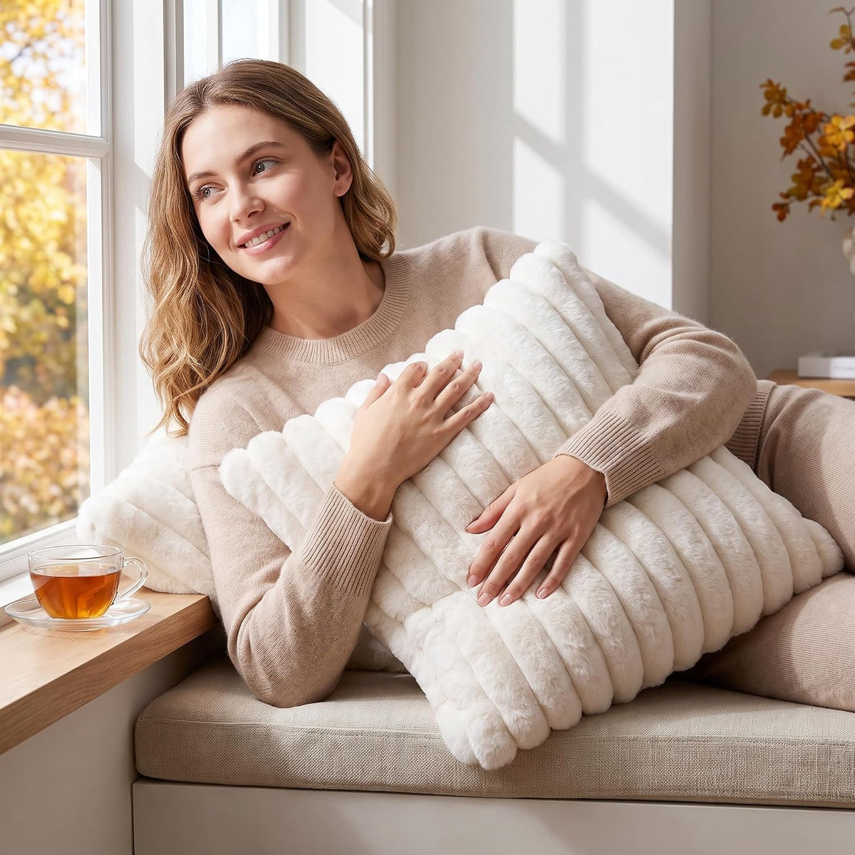 Woman smiling and hugging a large cream ribbed faux-fur pillow while seated by a window