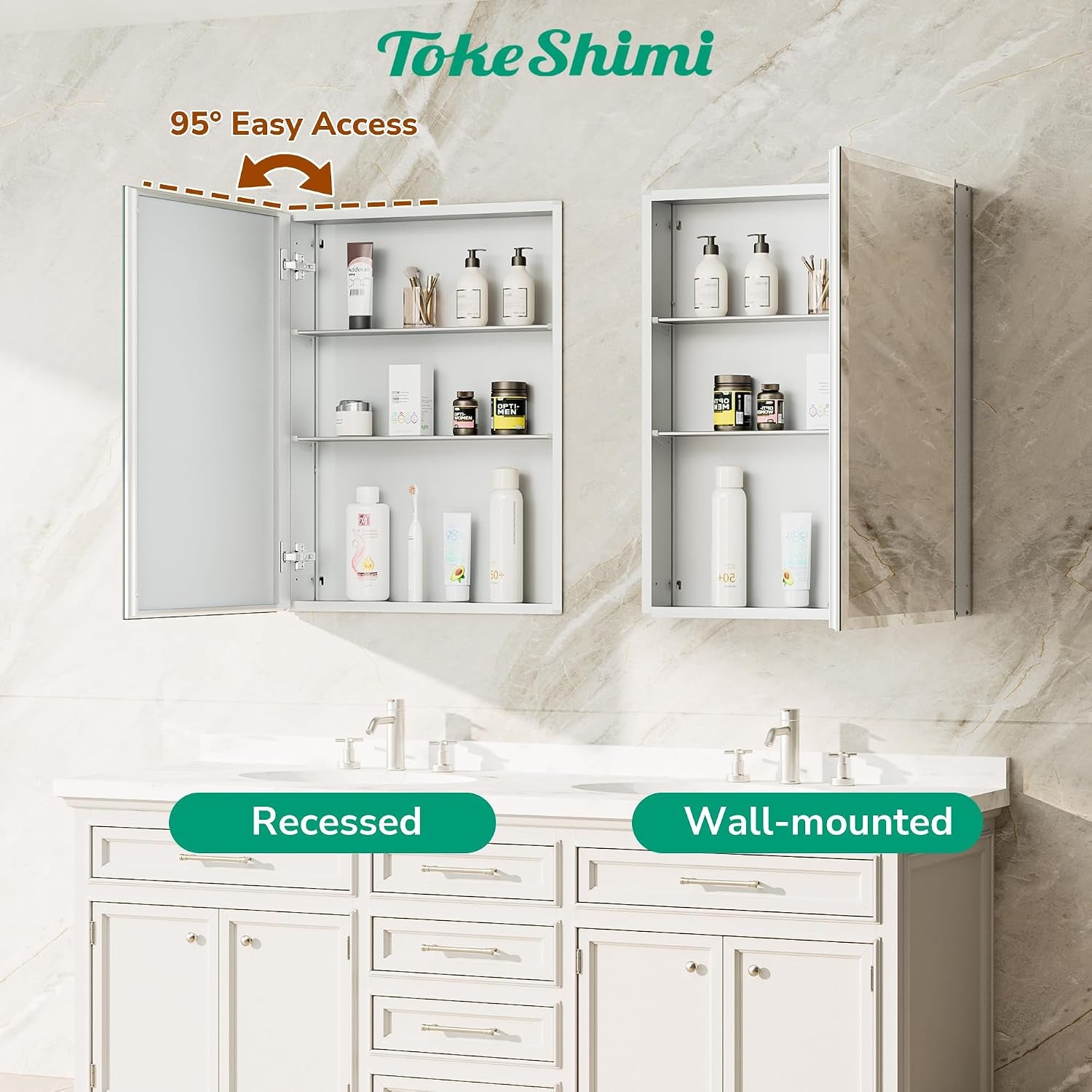 Two silver medicine cabinets above a double-sink vanity showing one recessed with open door and one wall-mounted closed unit.