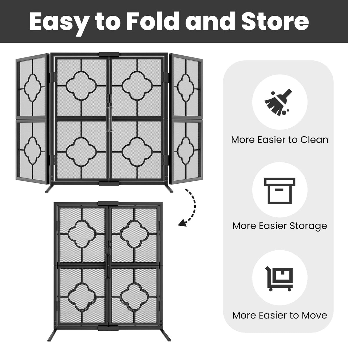 Two-stage illustration of the screen upright and folded with icons for easier cleaning, storage and moving.