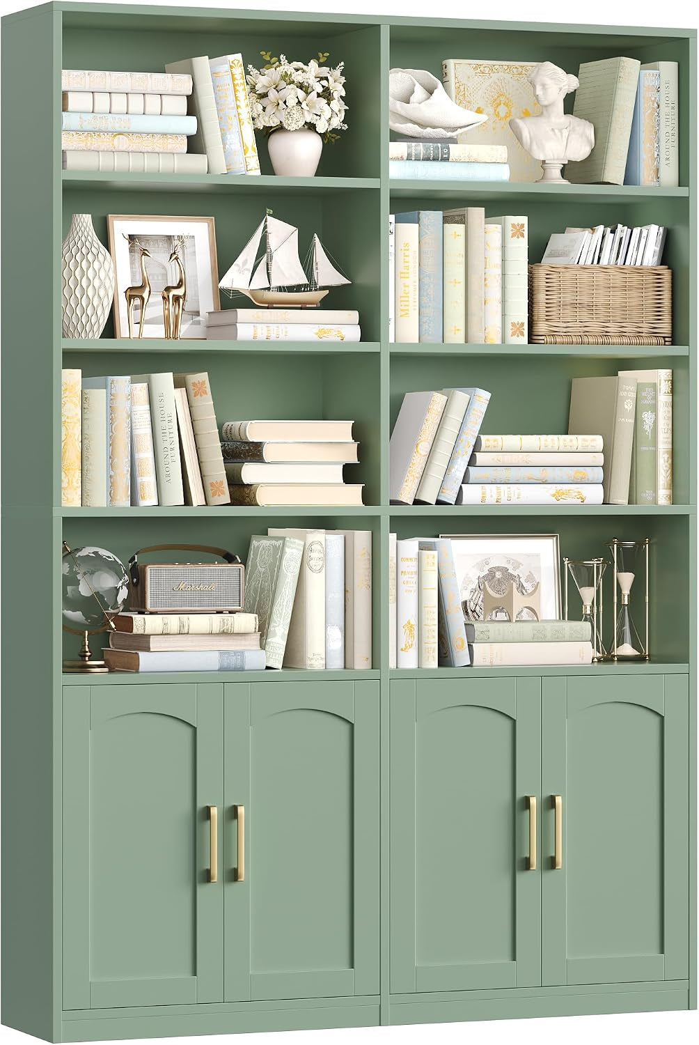 Green-painted double-wide bookshelf styled with books, decor and closed lower cabinet doors