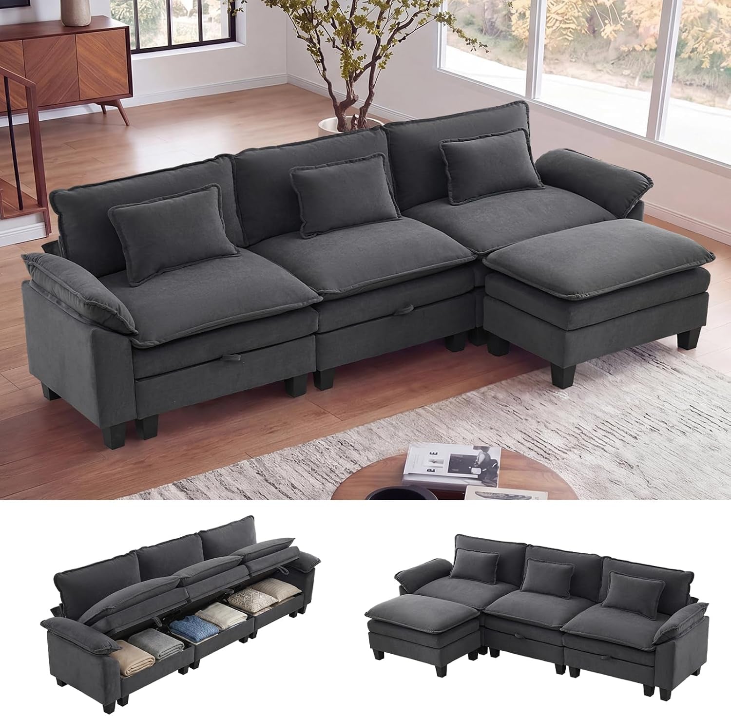 Dark gray modular sectional with separate ottoman placed in a bright living room