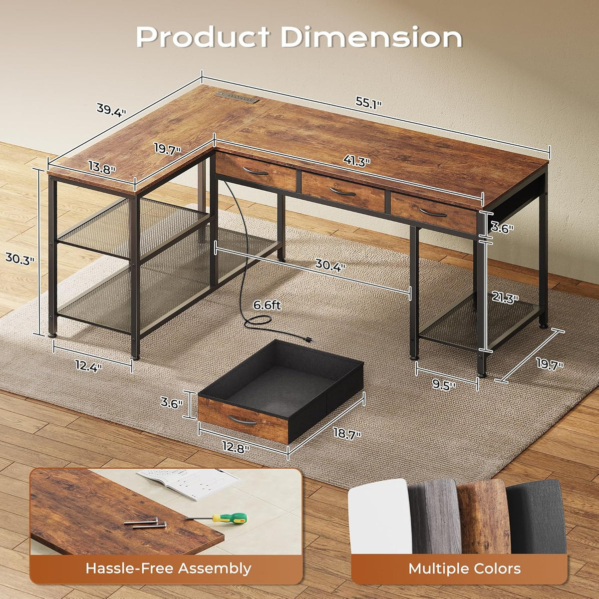 Dimension diagram for the L-shaped desk showing measurements for the 55.1-inch configuration and drawer dimensions