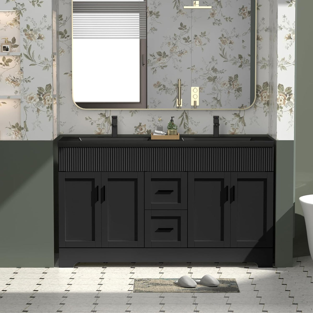 Front view of a black double vanity with matching black sinks and ribbed wave front detail