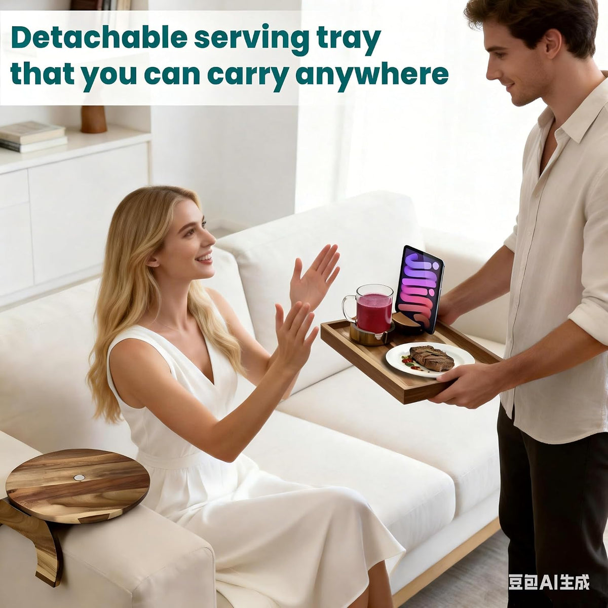 Removable acacia serving tray being carried over a white sofa showing phone stand and cup holder