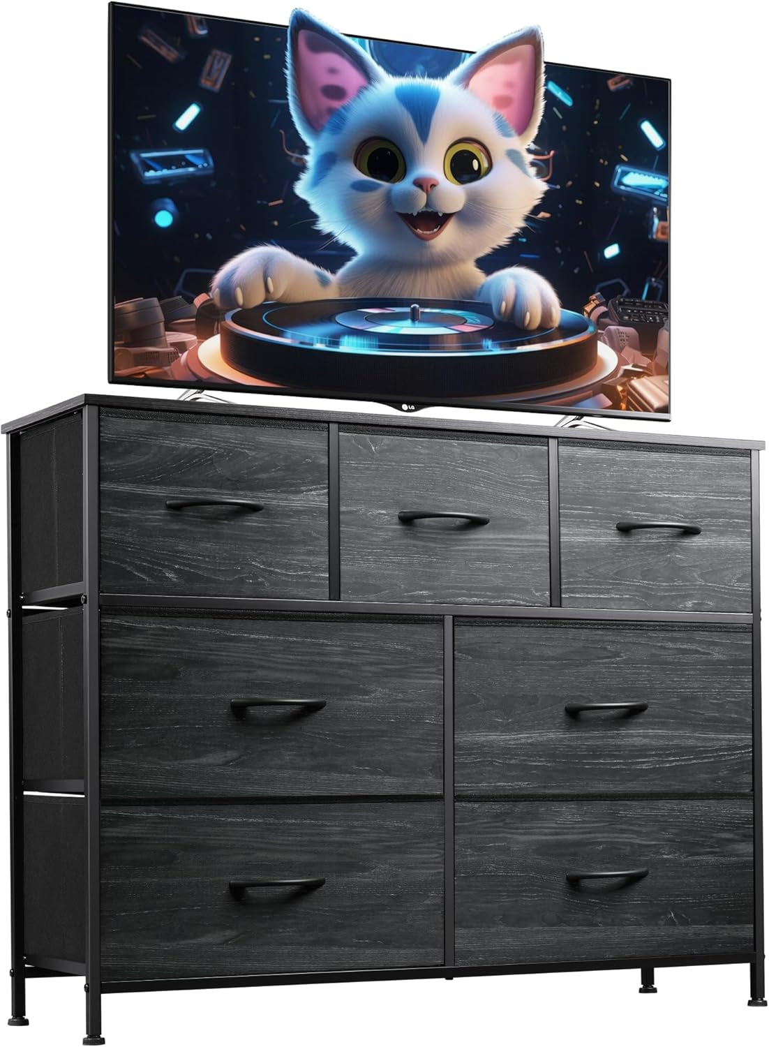 Charcoal wood-effect fabric drawers in a black-framed seven-drawer dresser serving as a TV stand