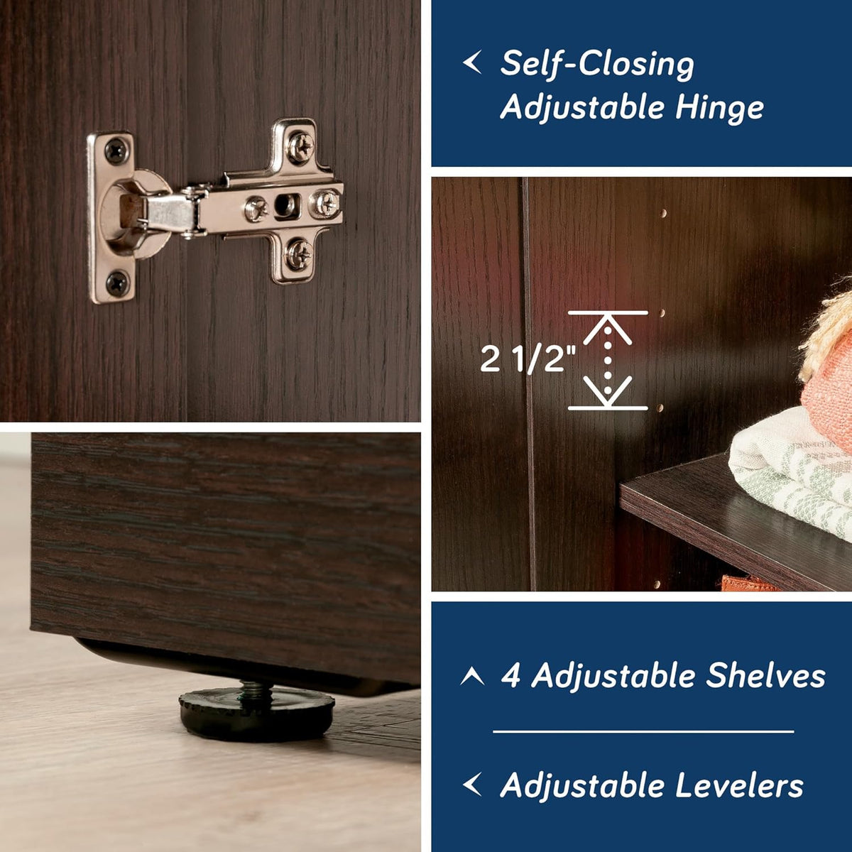 Collage close-ups showing a metal self-closing hinge, adjustable shelf holes and a plastic adjustable leveler at the base.