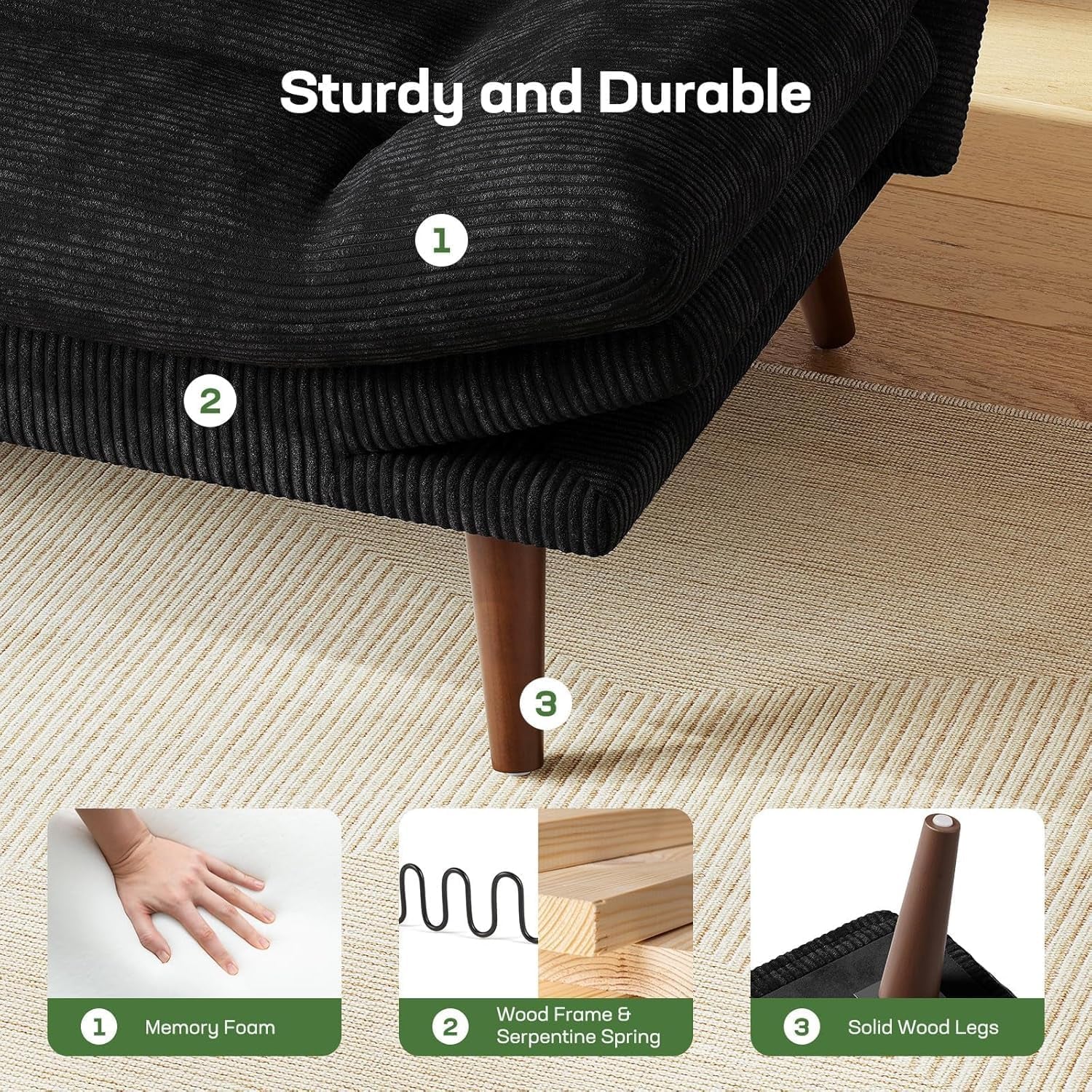 Detail of futon seat edge and solid wood leg with callouts for memory foam, wood frame, and solid wood legs