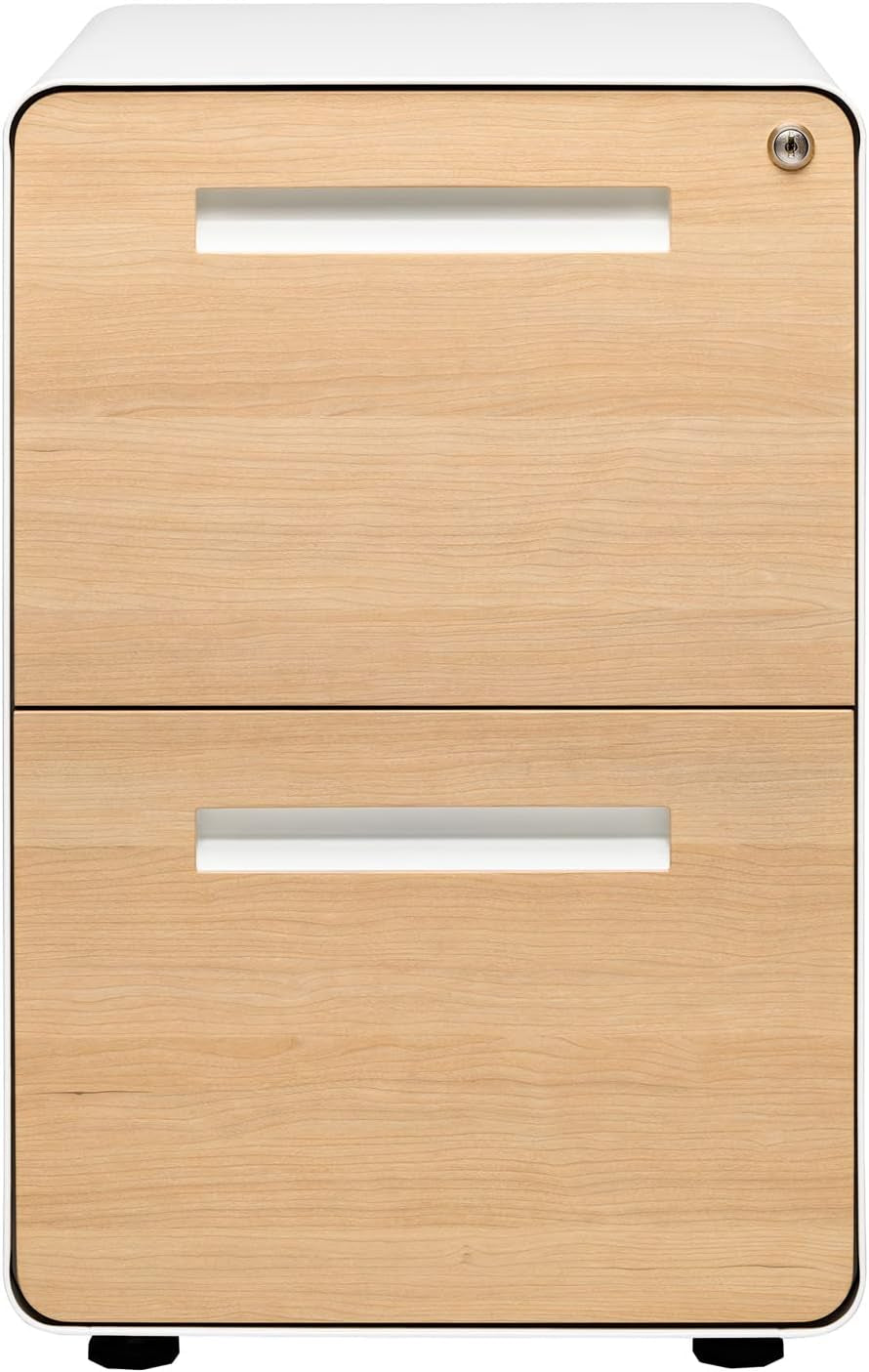 Close front view of cabinet showing both drawers, rounded corners and low-profile casters
