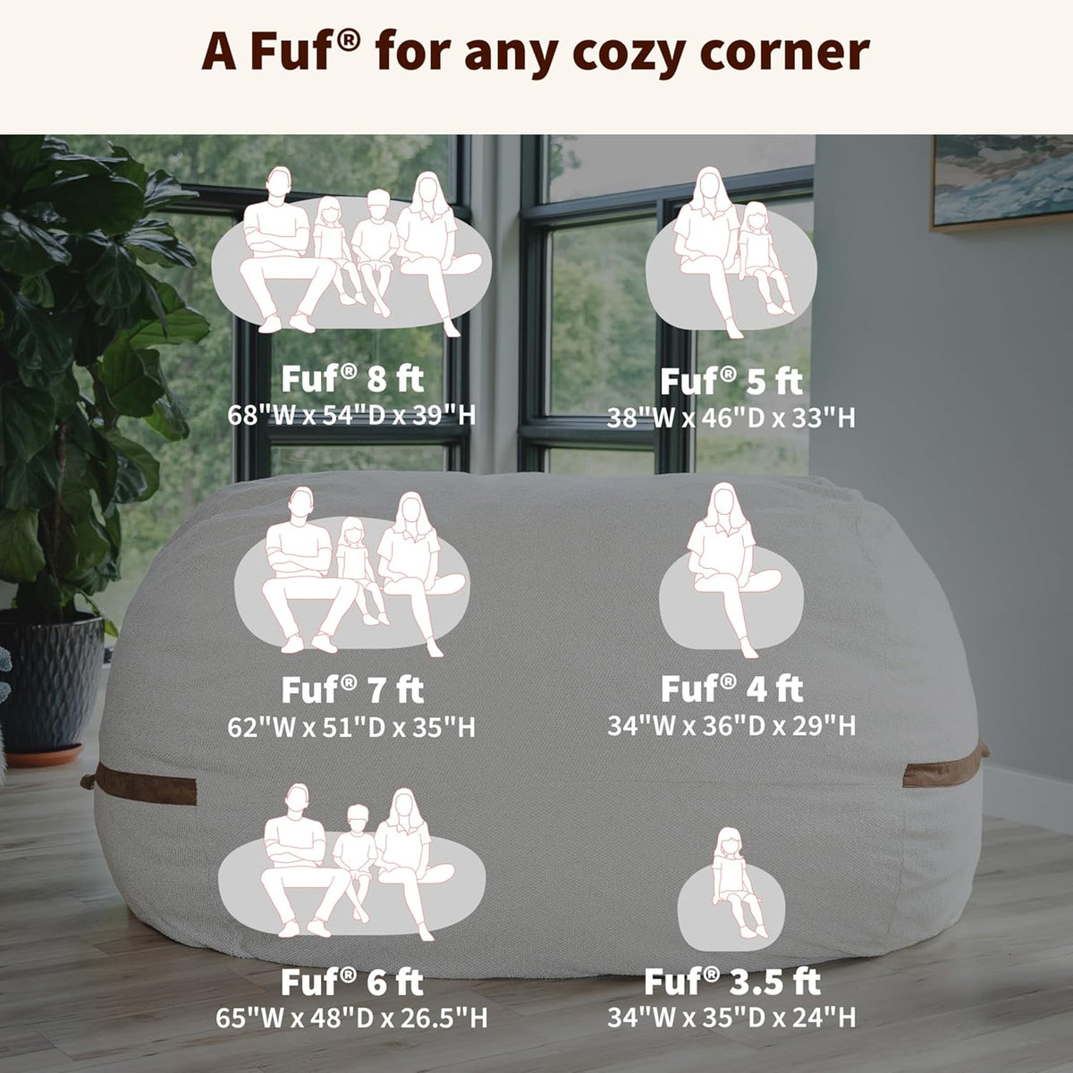 Front view of an oversized bean bag with multiple size icons and measurements overlaid to compare available Fuf sizes.