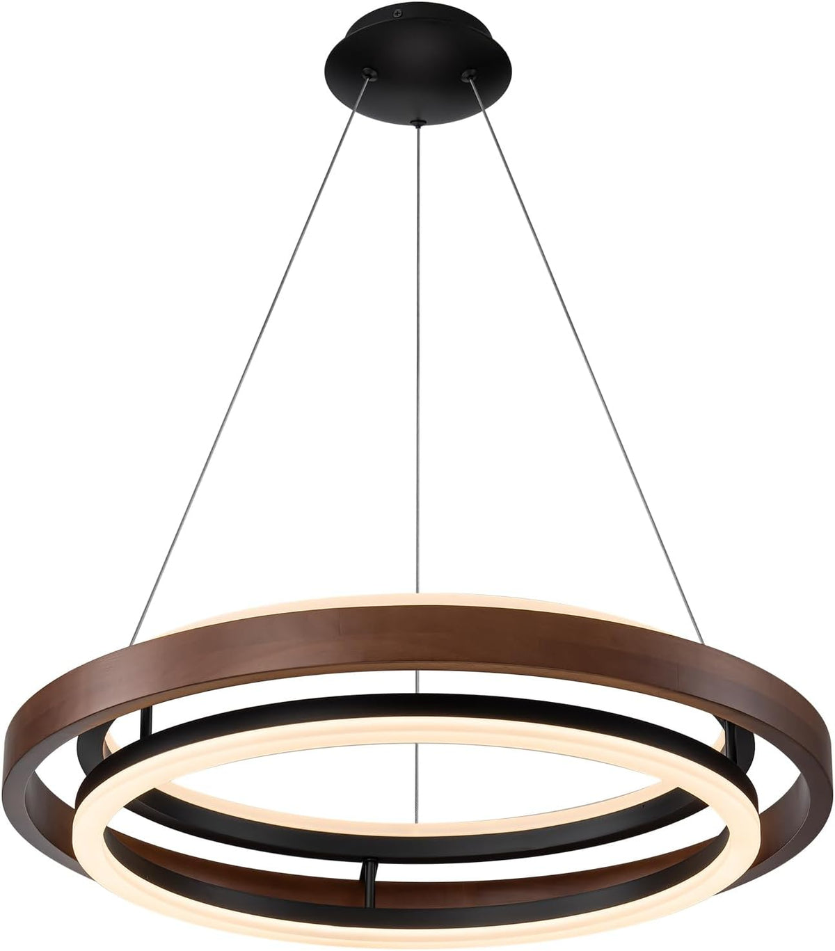 Angled underside view of the walnut-color round chandelier showing dual rings and acrylic diffusers on a white background