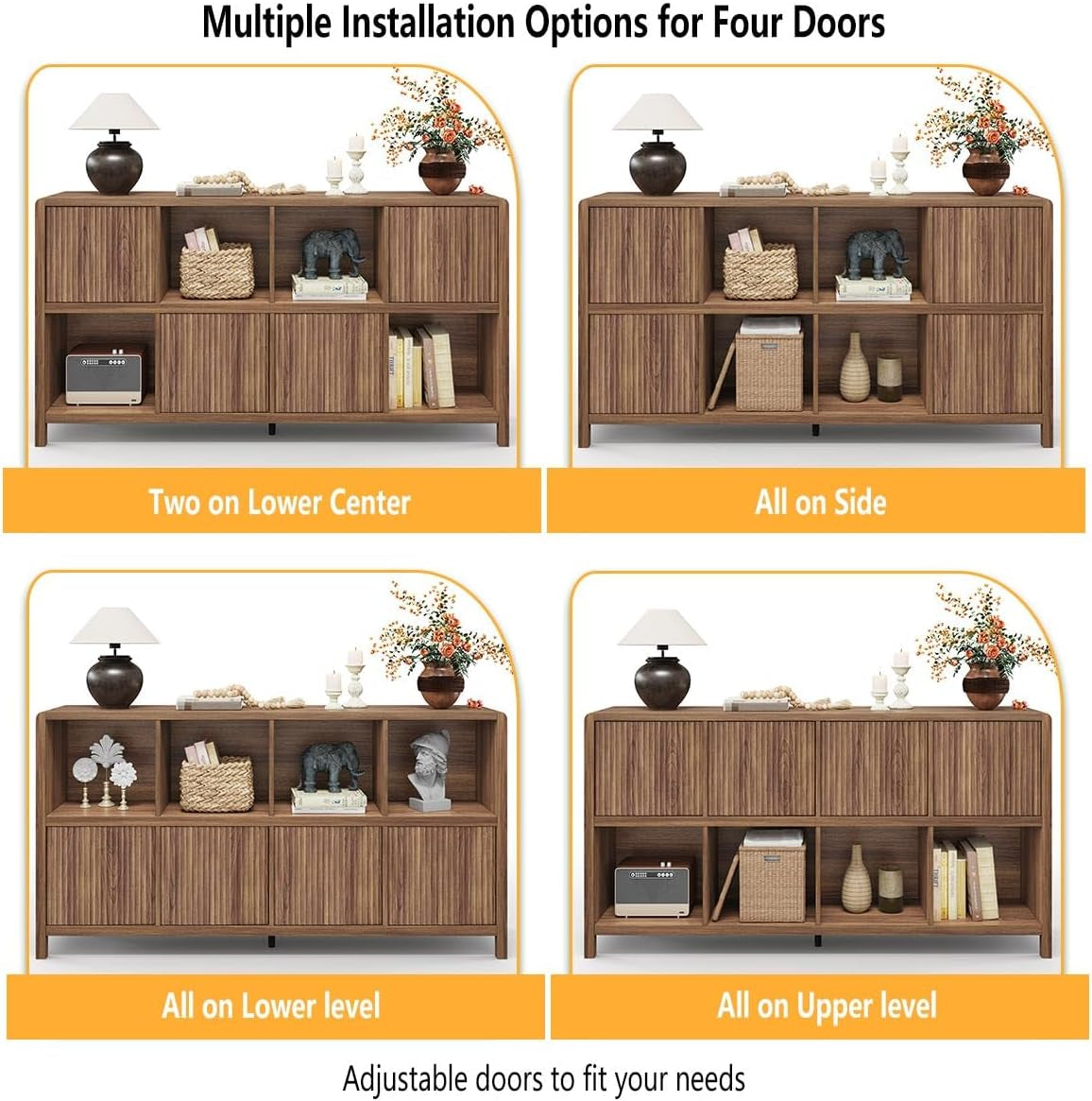 Four-panel graphic showing adjustable door placement options for the eight cubes