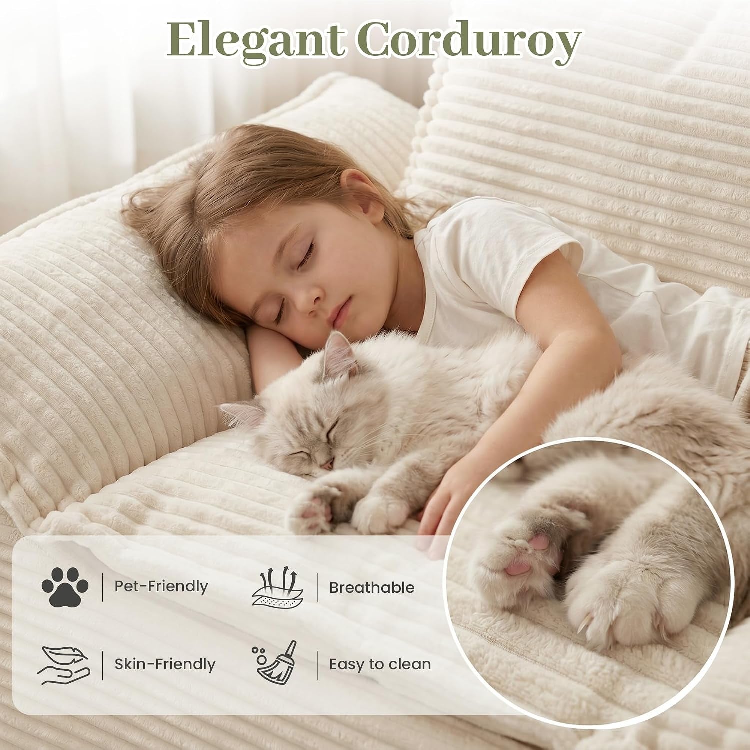 Close-up of beige corduroy fabric with child and cat resting to show texture