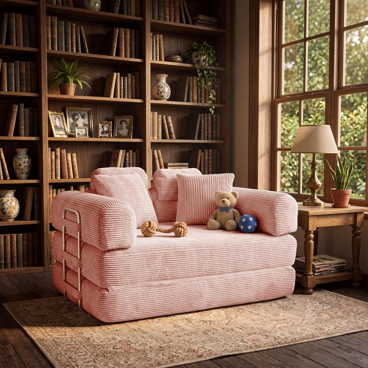 Pink ribbed-fabric convertible loveseat styled in a cozy library by a window with throw pillows and toys