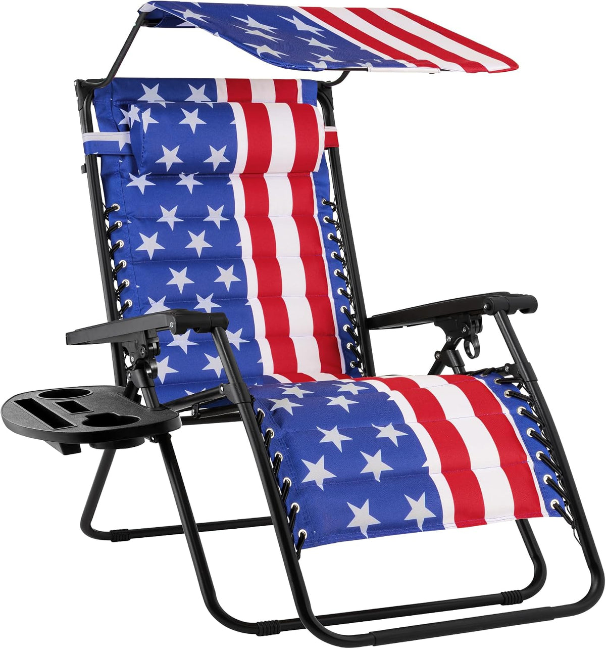 Three-quarter view of a star-and-stripe patterned recliner with matching adjustable sun canopy and cup tray