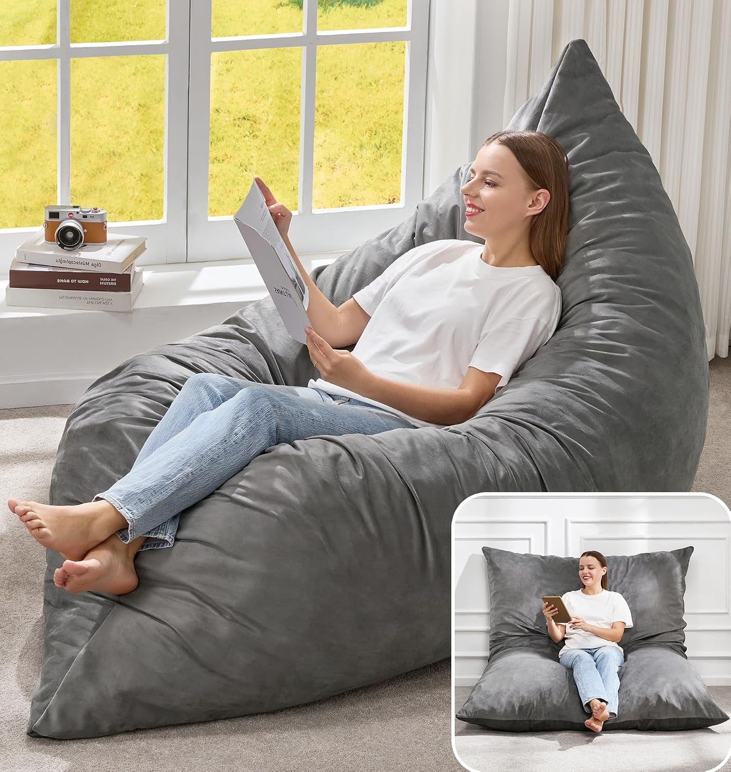 Light slate gray beanbag lounger with a woman reading in a relaxed recline by a window
