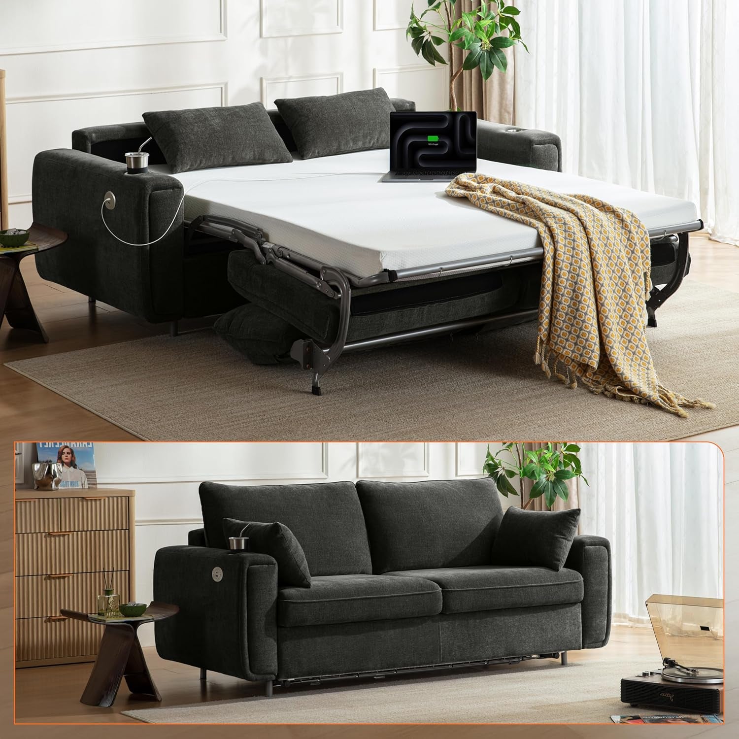 Split image showing a dark gray sofa with the bed pulled out above and the sofa closed below in the same room.