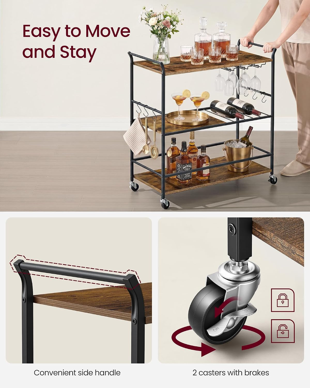 Bar cart being pushed by a person, highlighting the side handle and locking swivel casters on a hardwood floor