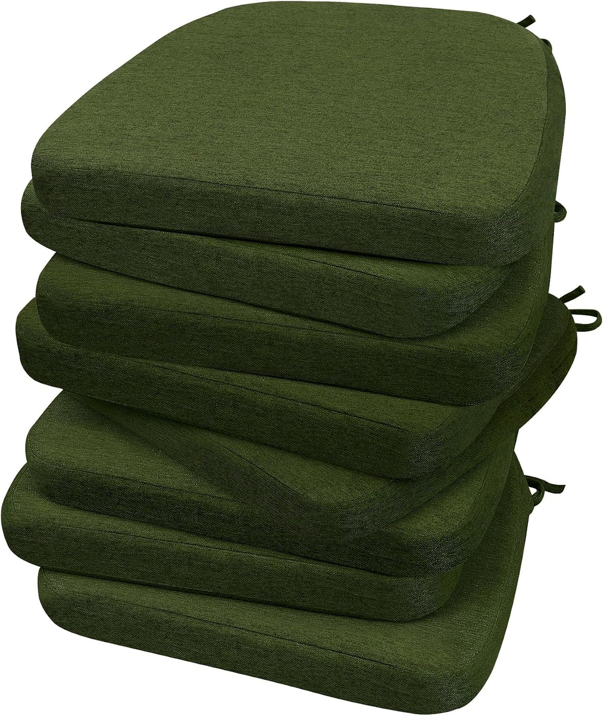 Tall stack of five dark green D-shaped chair cushions shown at an angled close-up.