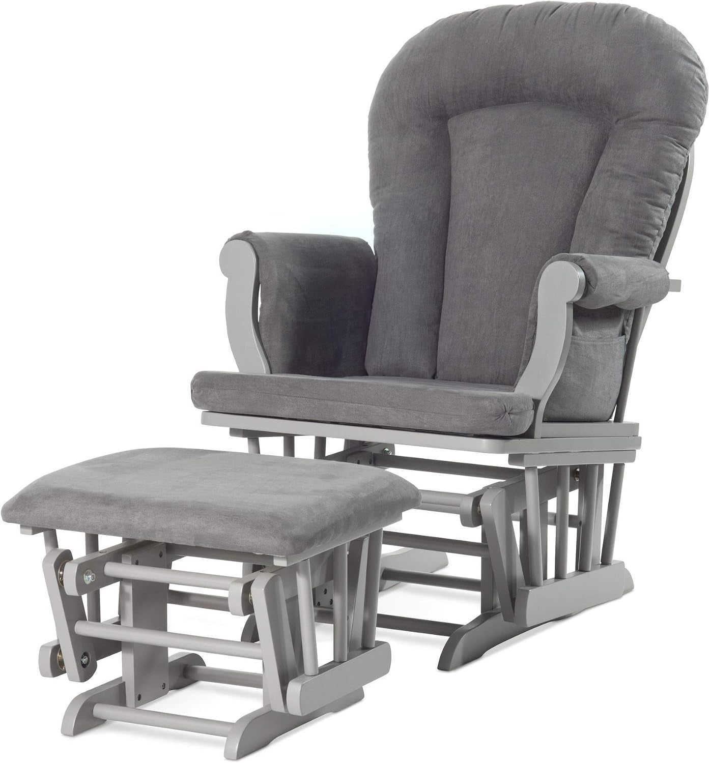 Close three-quarter side view of a gray-cushioned wooden glider rocker with matching gliding ottoman on a white background.