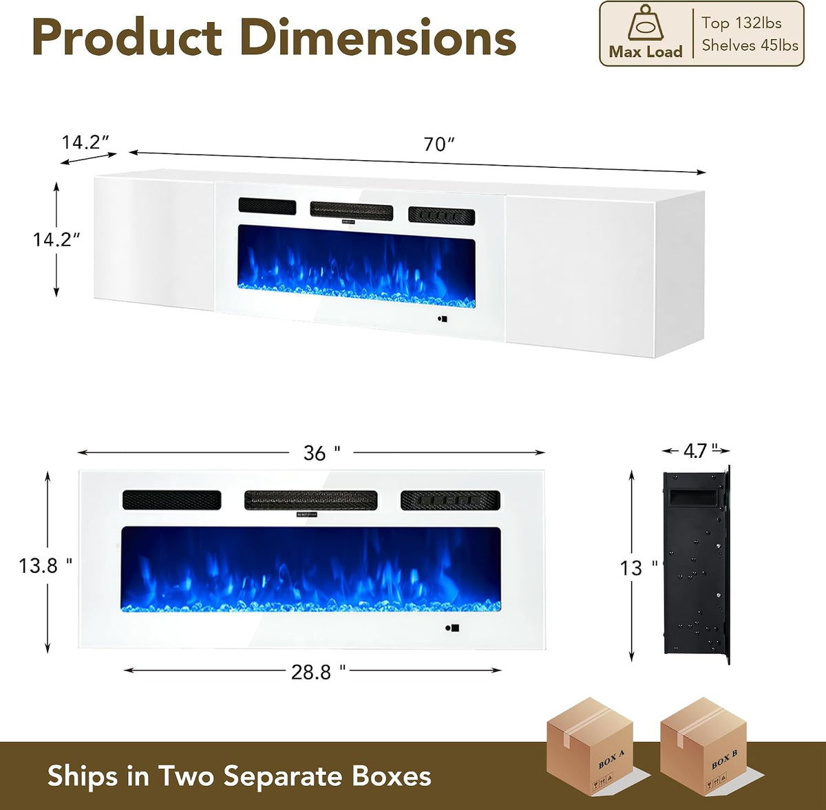 Dimension diagram of the 70" wall-mounted console and 36" electric fireplace with measurements