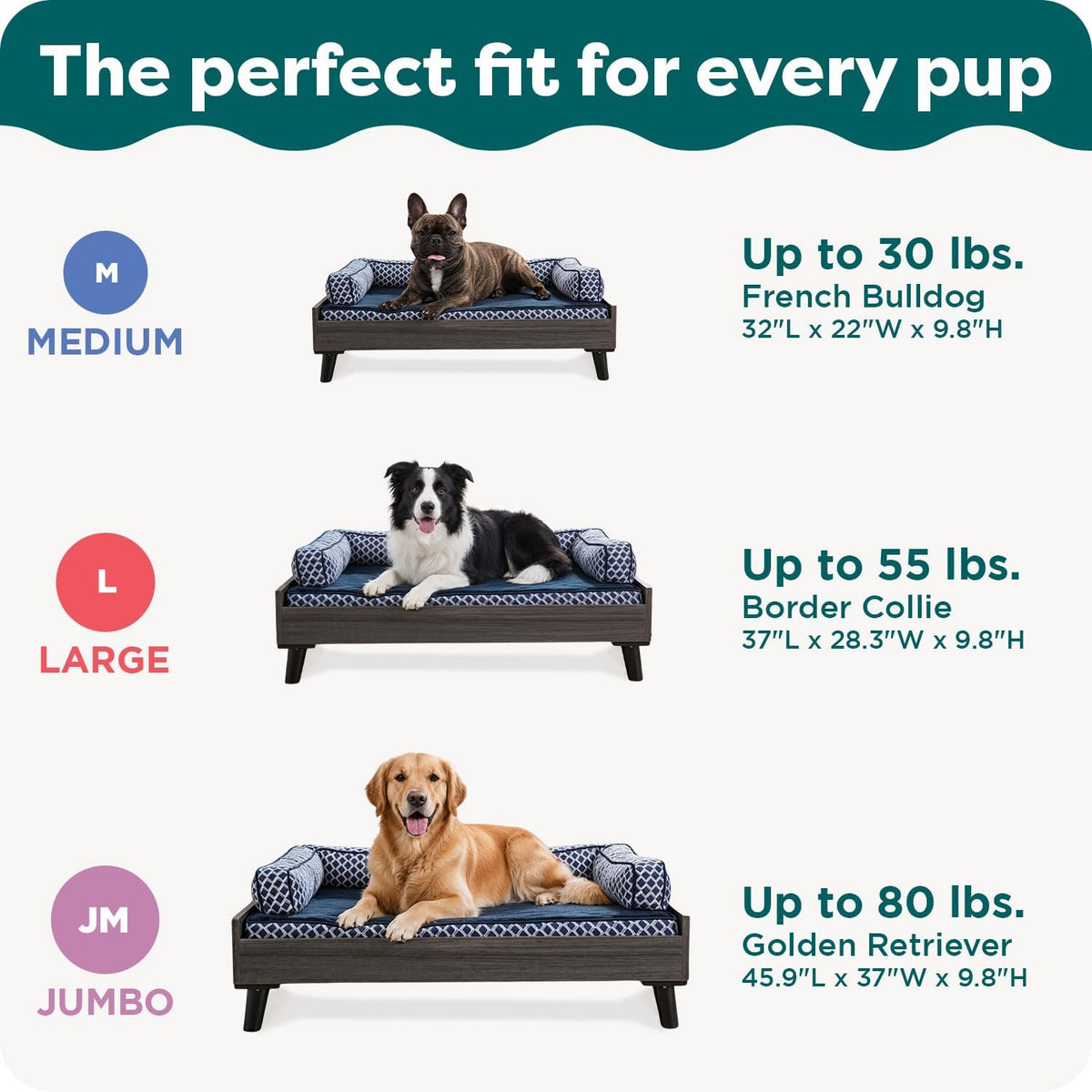 Three elevated bed sizes displayed with dogs labeled Medium, Large, and Jumbo and corresponding dimensions