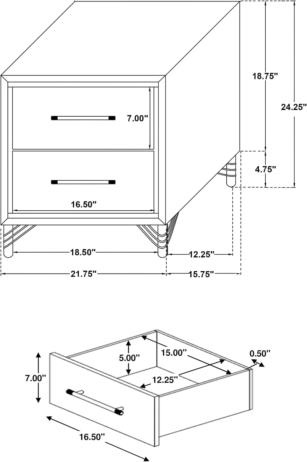Technical drawing of a two-drawer nightstand and separate drawer box with labeled dimensions and leg detail.