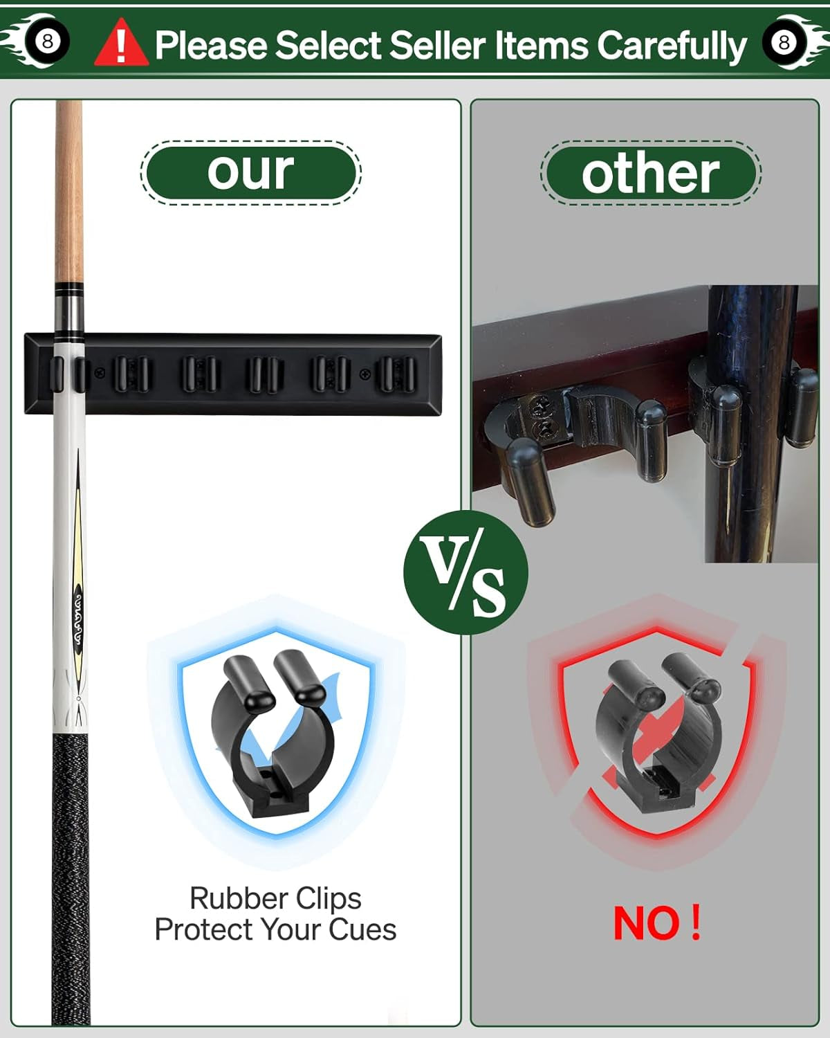 Side-by-side comparison close-up showing the rack's rubber cue clips on the left and a lower-quality clip on the right.