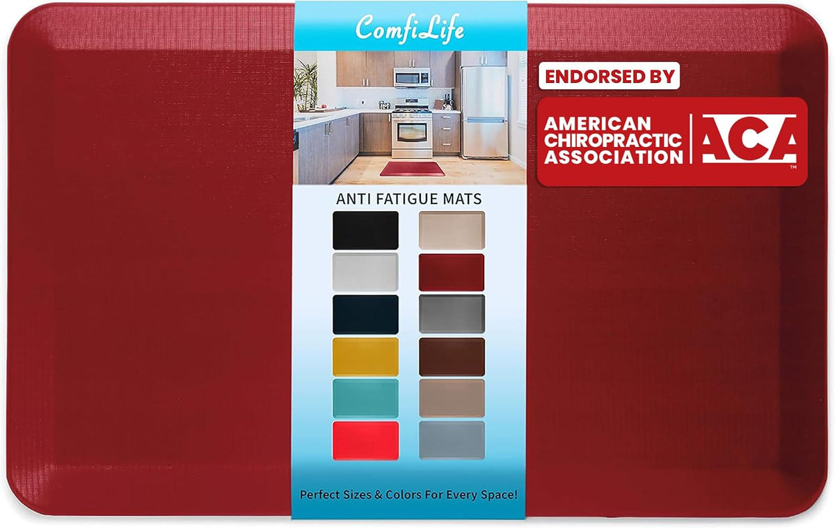 deep red rectangular anti-fatigue mat with packaged label band displaying multiple color swatches