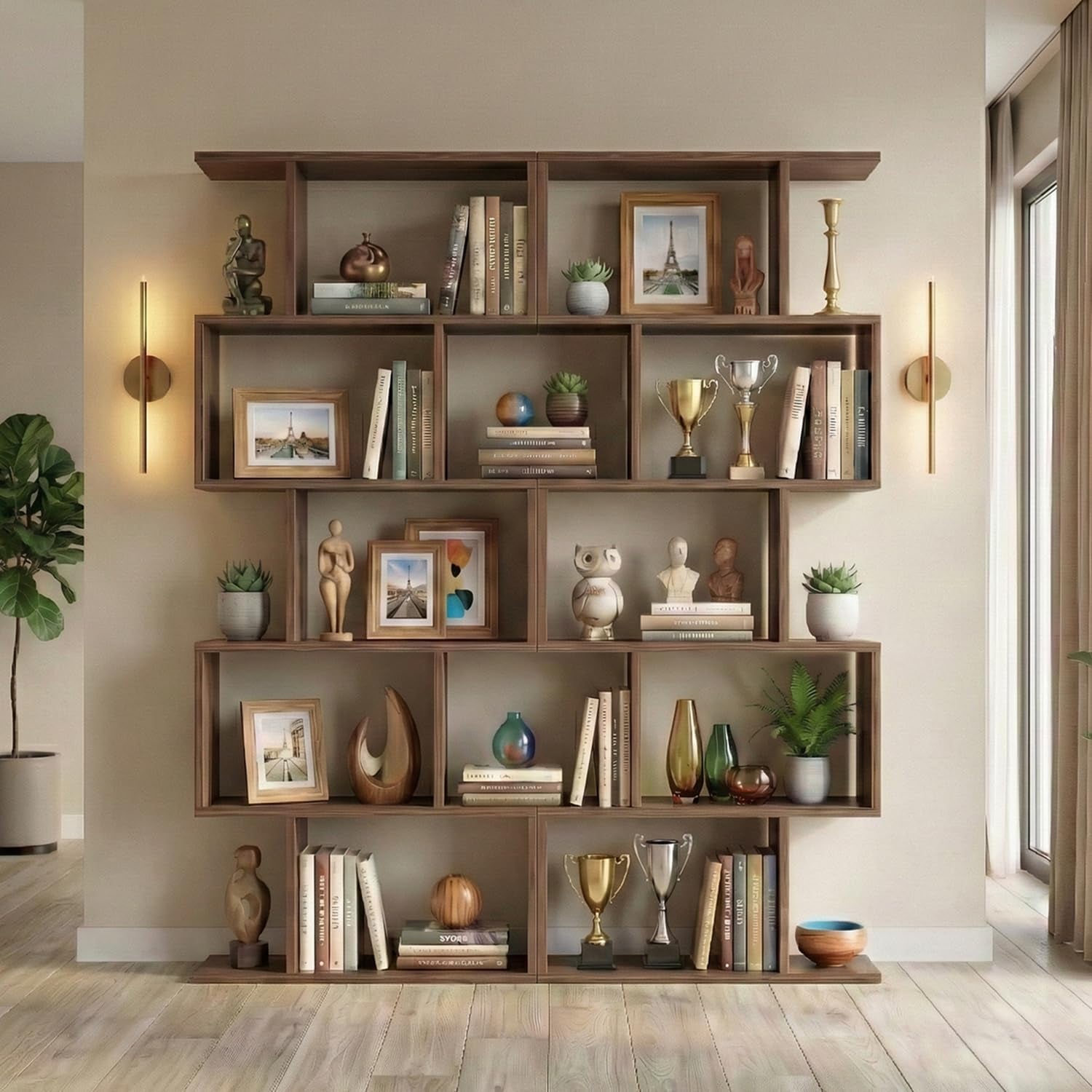 DIYART 5-Tier Geometric Bookcase (Set of 2), 62.6" Tall S-Shaped Bookshelf & Room Divider, Modern Oak, gallery view 11