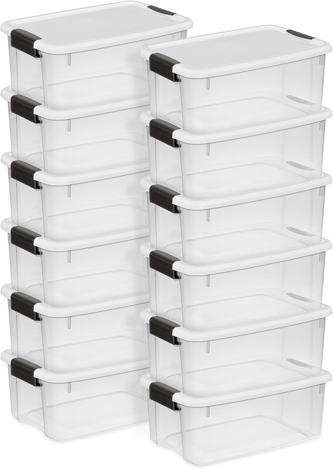 Side-on stacked view of clear plastic boxes with white snap-on lids and black latch clips.