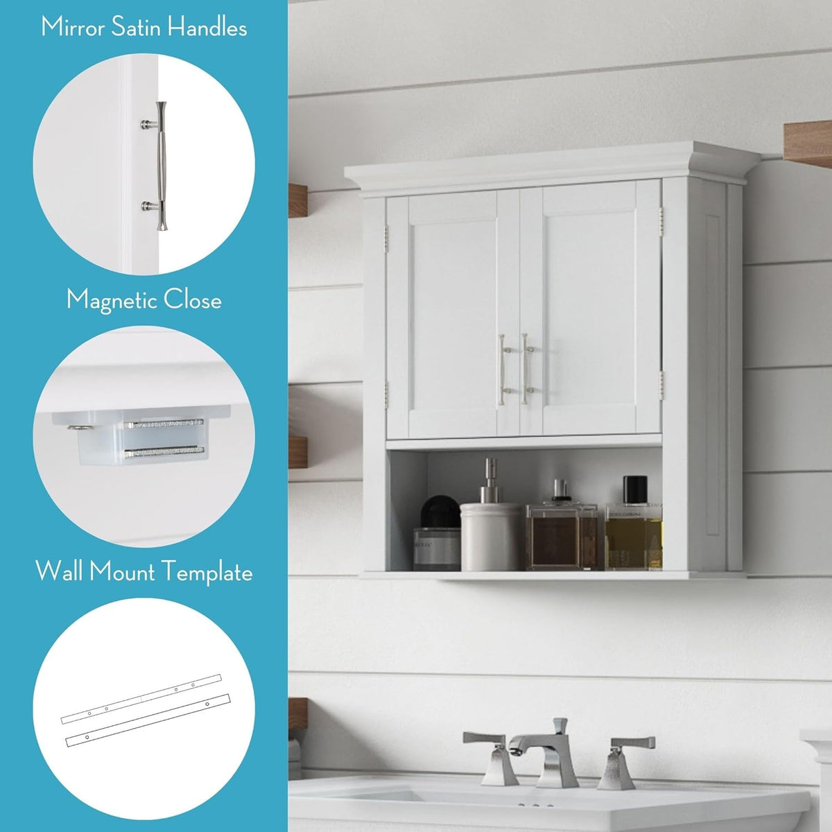 Angled view of the white two-door wall cabinet installed over an open shelf with folded towels and bottles