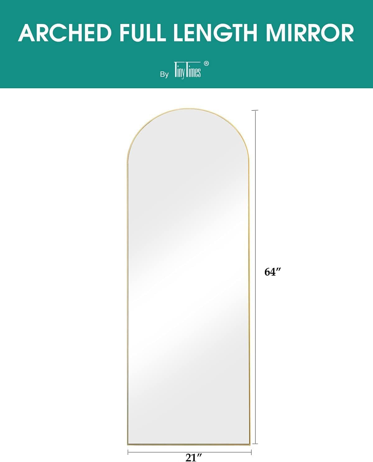Arched full-length mirror illustration showing tall arched shape with thin metal frame.