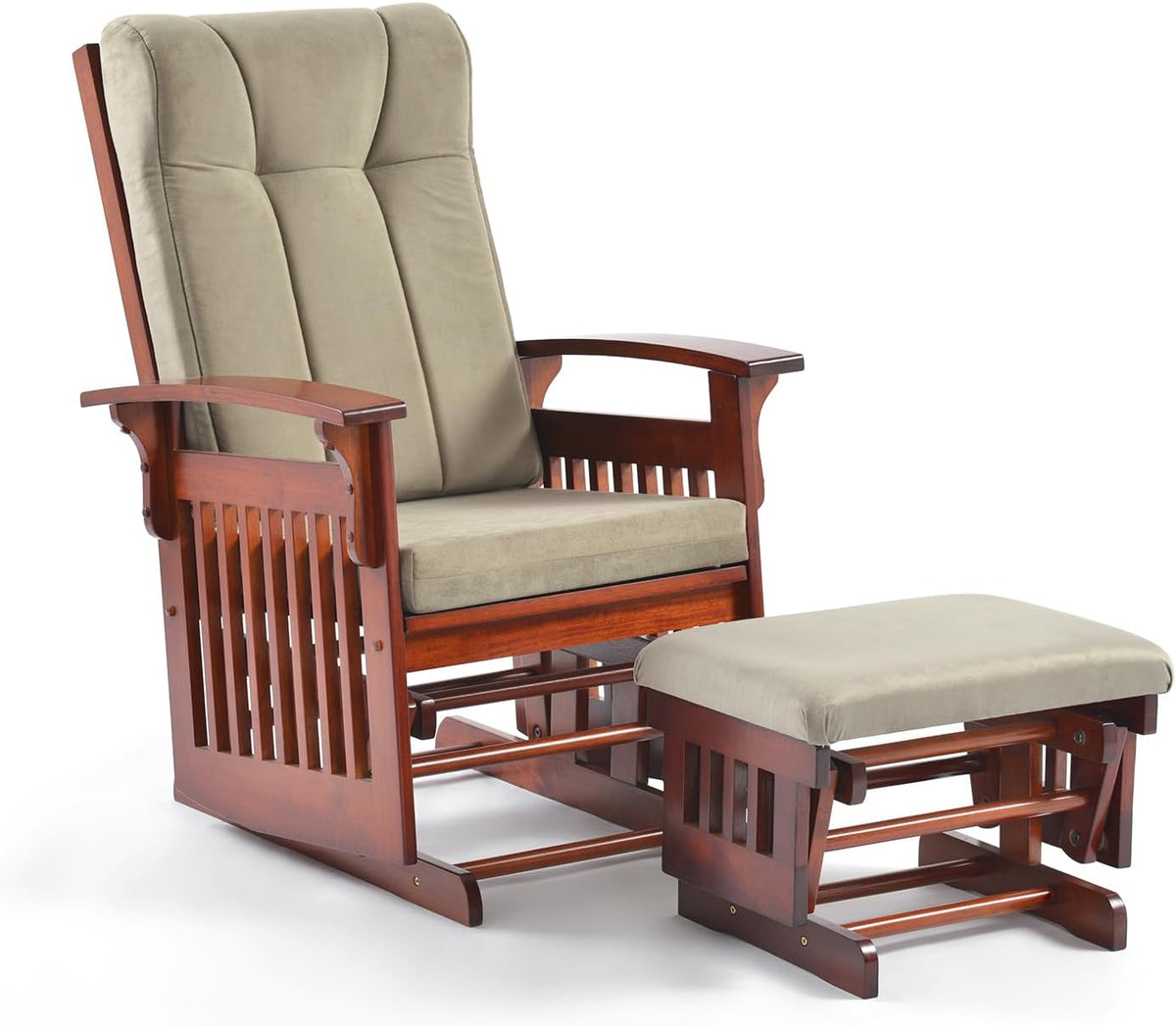 Dark reddish-brown wood glider with beige padded cushions and matching ottoman on white background