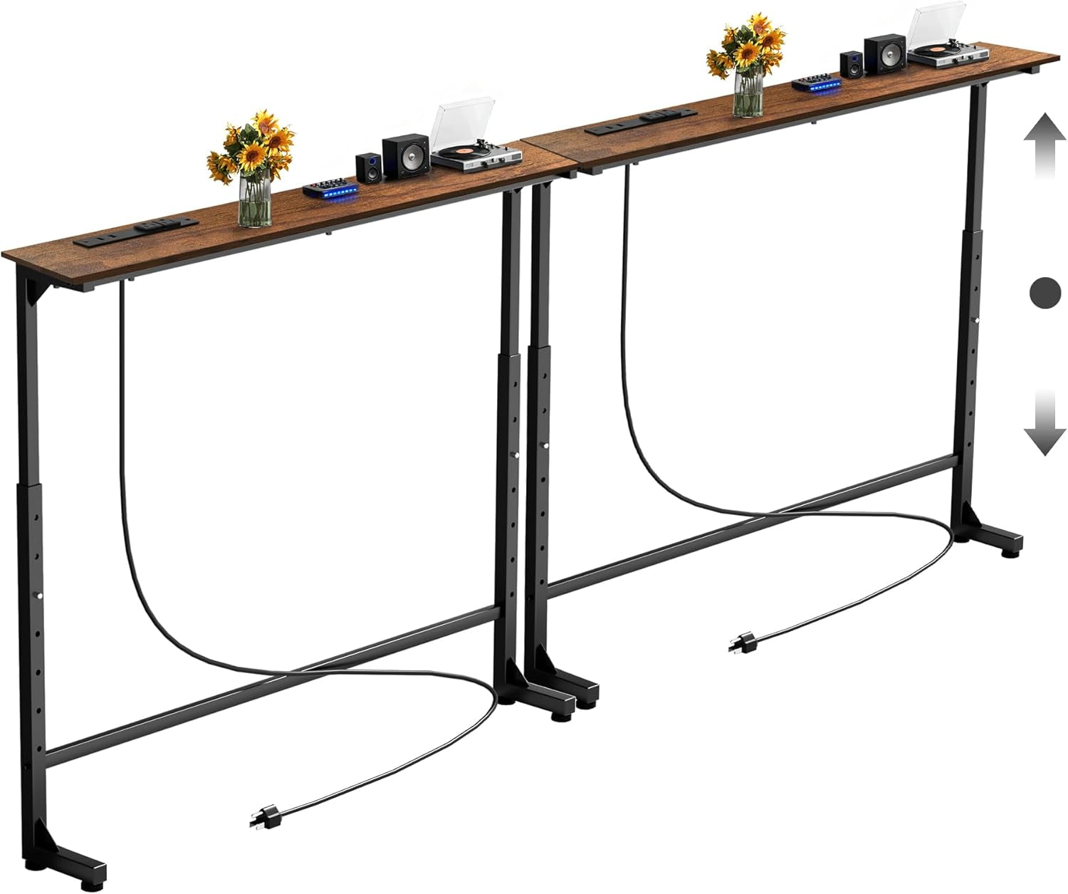 Two brown-top console tables aligned end to end, each with a black frame, power panel and cord.