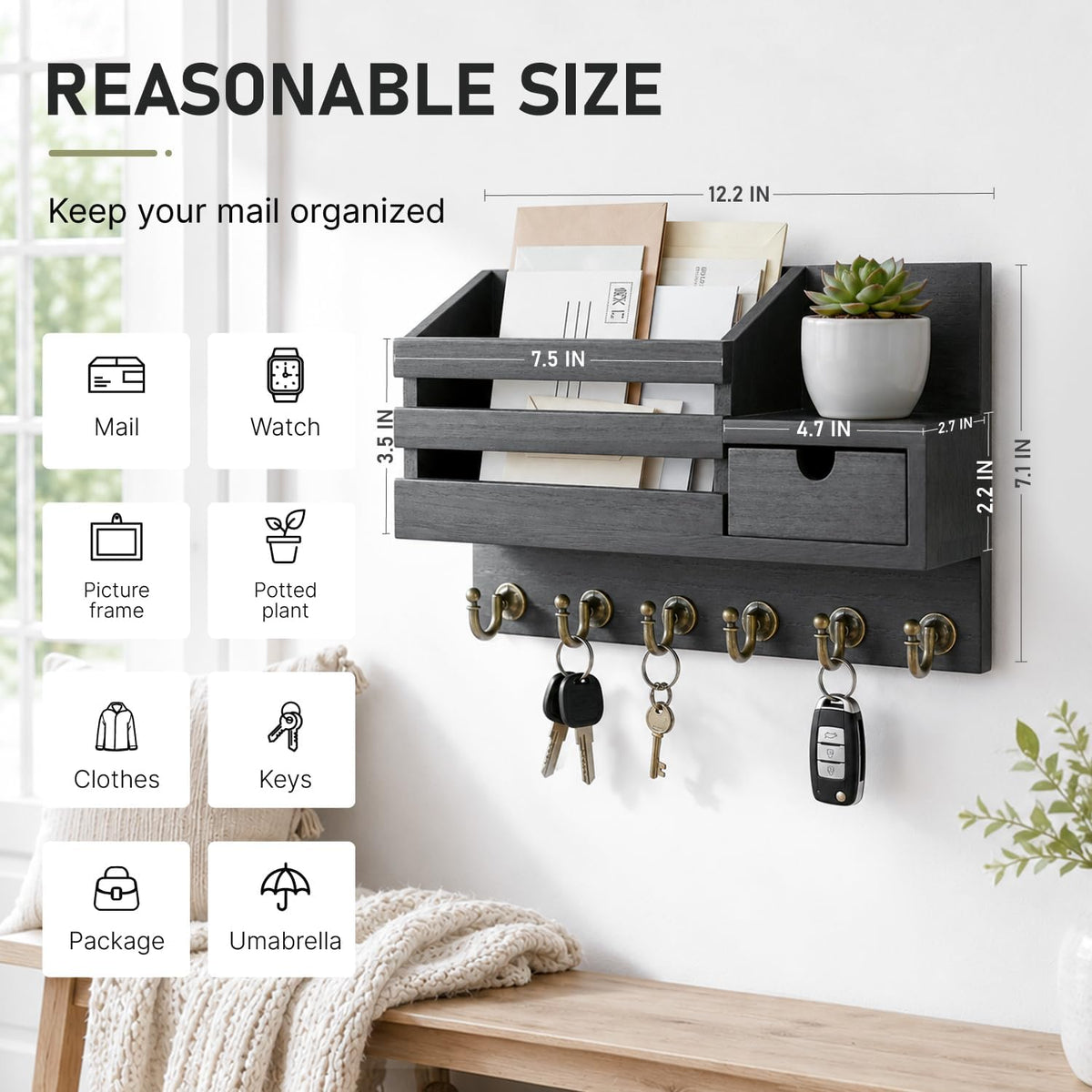 Wall-mounted organizer above a bench with icons and overlaid size markings showing mail, keys and decor uses.