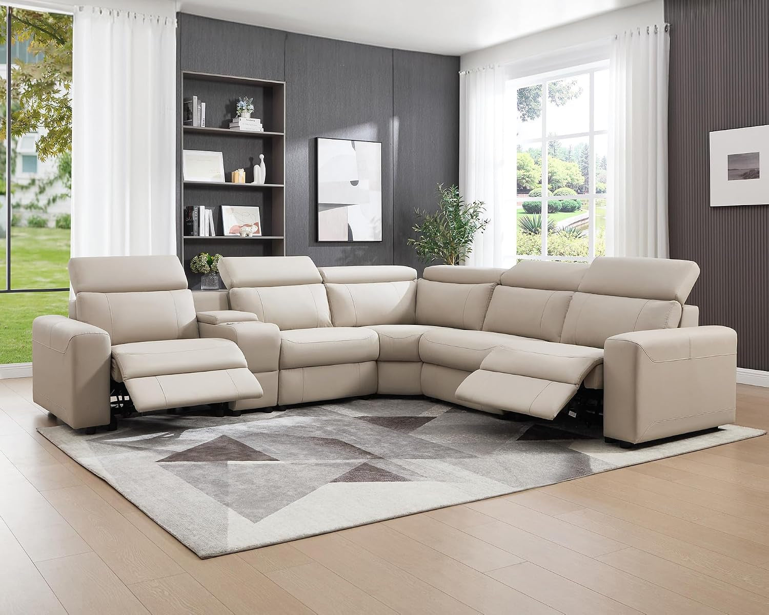 Beige 5-seat power reclining sectional angled front view with both recliners extended in a staged living room