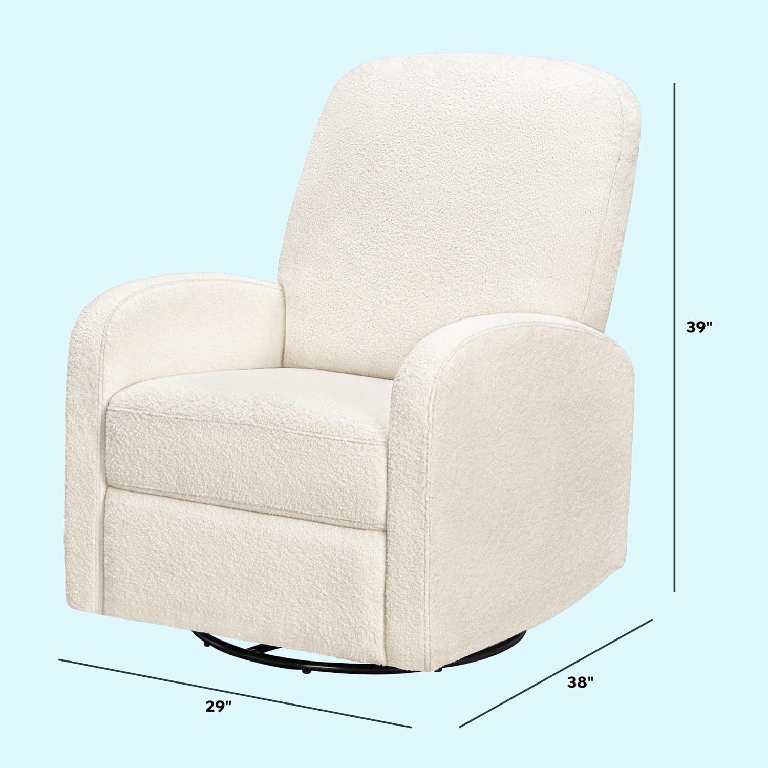 Three-quarter view of the cream recliner with dimension lines indicating height, depth and width.