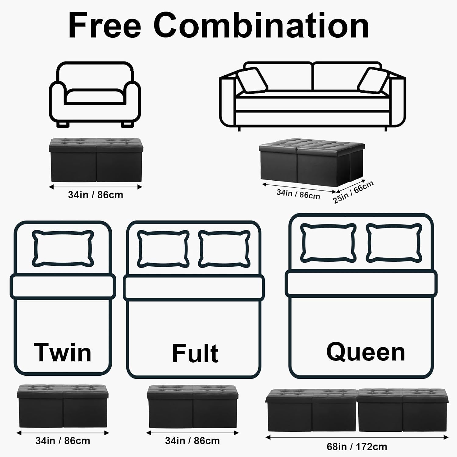 Graphic layout showing ottoman used at different bed widths and a 34in dimension label